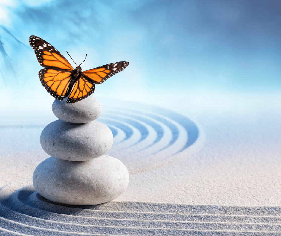 butterfly with zen rocks in the sand with sparkles against a blue backdrop